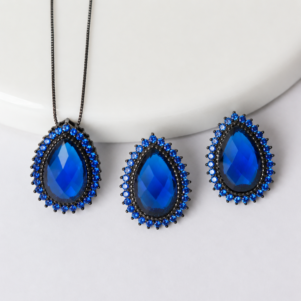 CONJUNTO FESTA LUXO CRISTAL AZUL PETRÓLEO CRAVEJADO GOTA LADO BANHO RÓDIO NEGRO