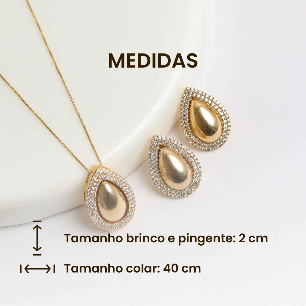CONJUNTO FESTA LUXO CRISTAL DOURADO LISO FORMATO GOTA CRAVEJADO DUPLO LADO