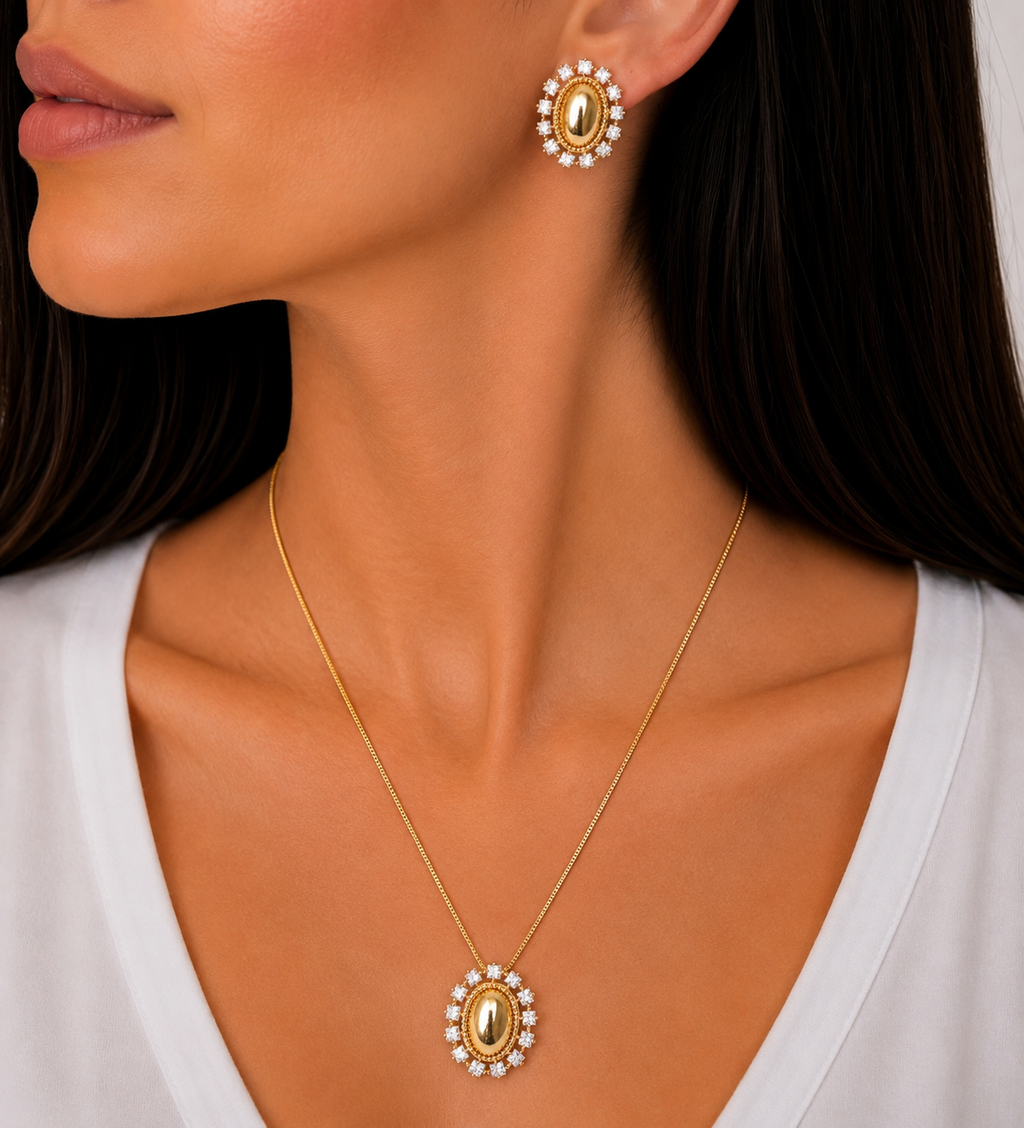 CONJUNTO FESTA LUXO CRISTAL DOURADO LISO FORMATO OVAL CRAVEJADO QUADRADO LADO