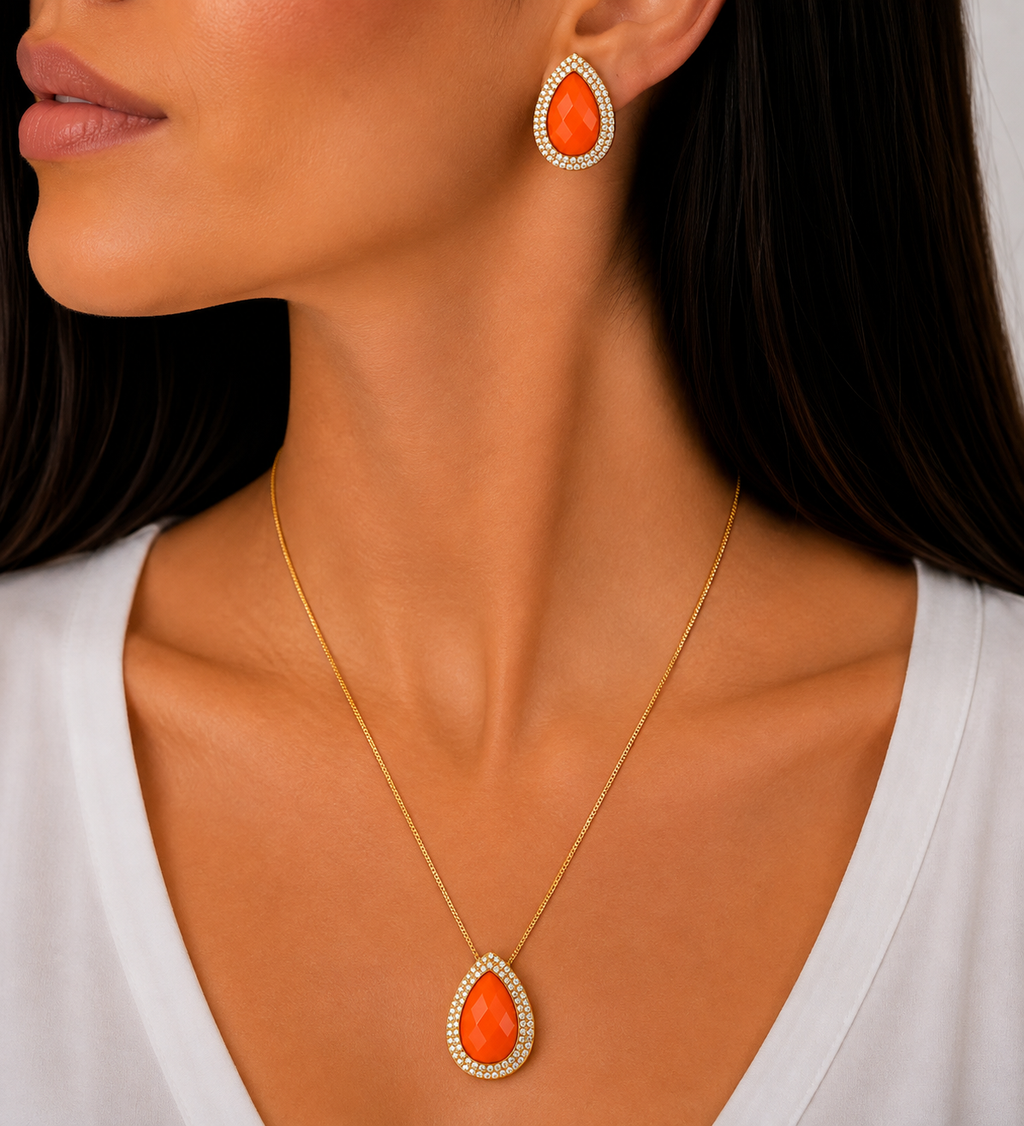 CONJUNTO FESTA LUXO CRISTAL LARANJA CRAVEJADO DOURADO LADO FORMATO GOTA