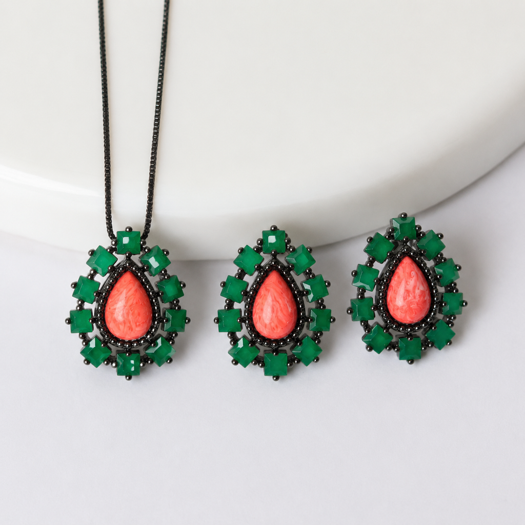 CONJUNTO FESTA LUXO CRISTAL LARANJA ZIRCONIA VERDE ESCURO LADO LADO FORMATO GOTA