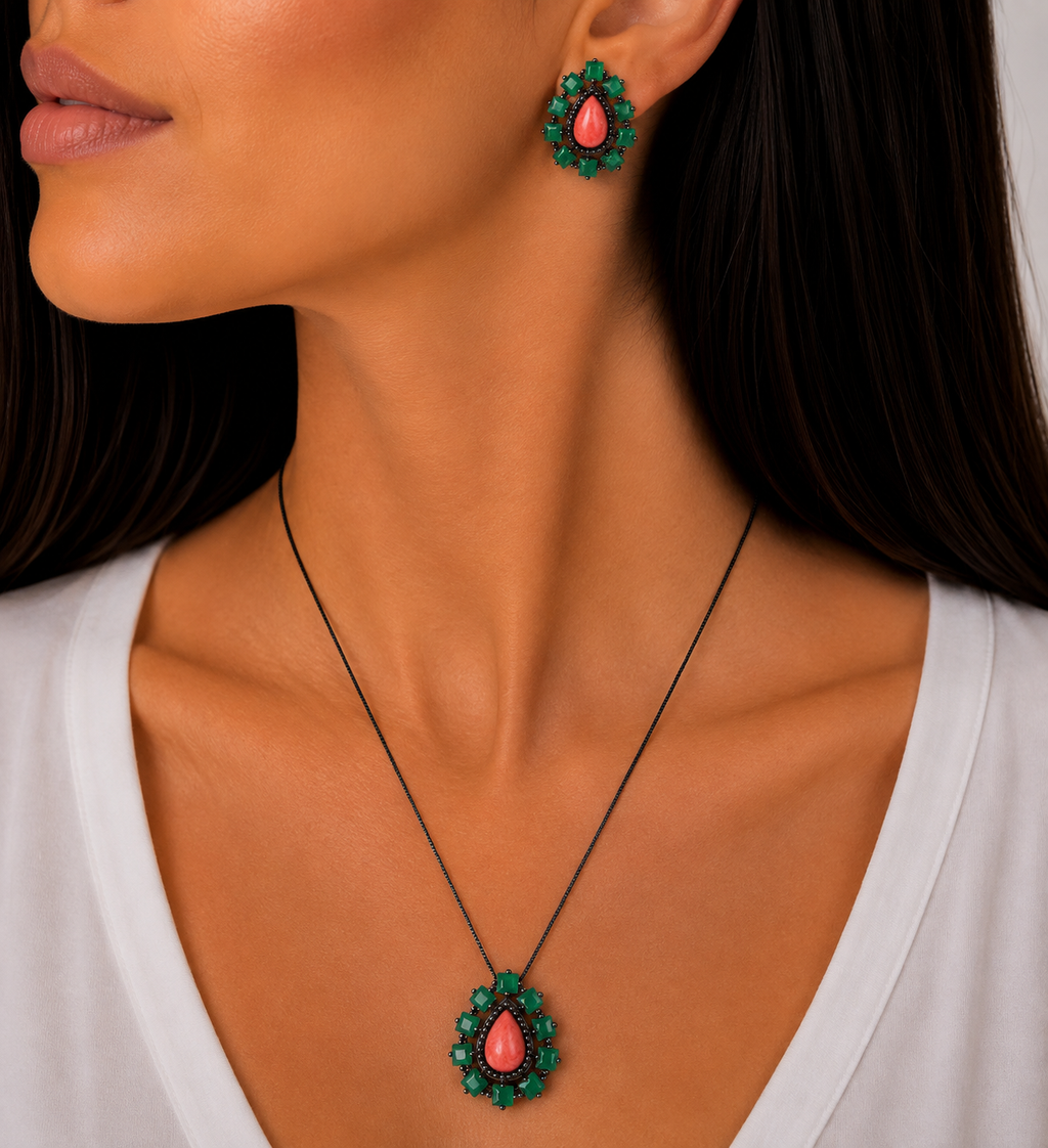 CONJUNTO FESTA LUXO CRISTAL LARANJA ZIRCONIA VERDE ESCURO LADO LADO FORMATO GOTA