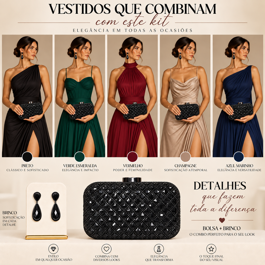 KIT FESTA: CLUTCH  TECIDO PRETA + BRINCO FESTA GOTA PRETO