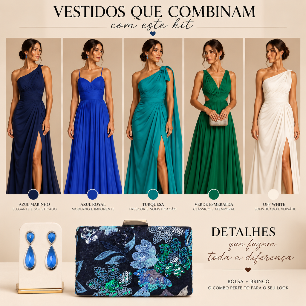KIT FESTA: CLUTCH  BORDADA AZUL + BRINCO FESTA GOTA AZUL