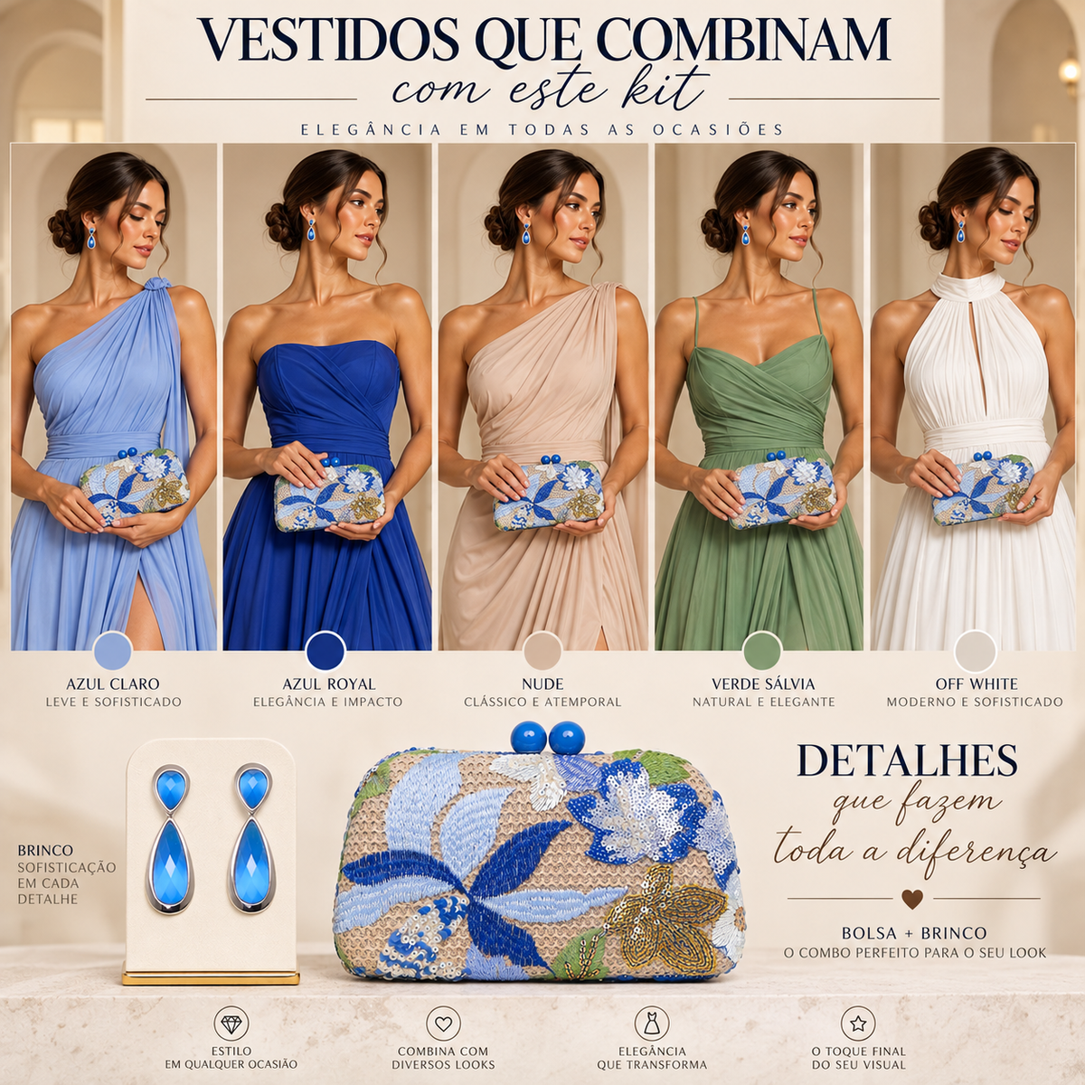 KIT FESTA: CLUTCH BORDADA AZUL + BRINCO FESTA GOTA AZUL