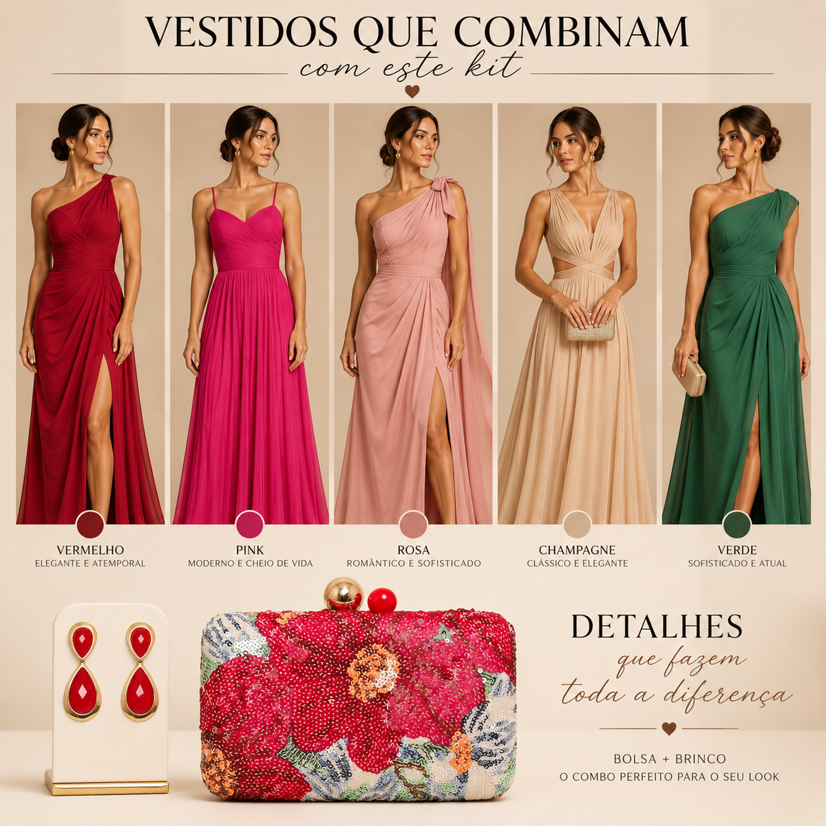 KIT FESTA: CLUTCH BORDADA COLORIDA + BRINCO FESTA GOTA VERMELHO