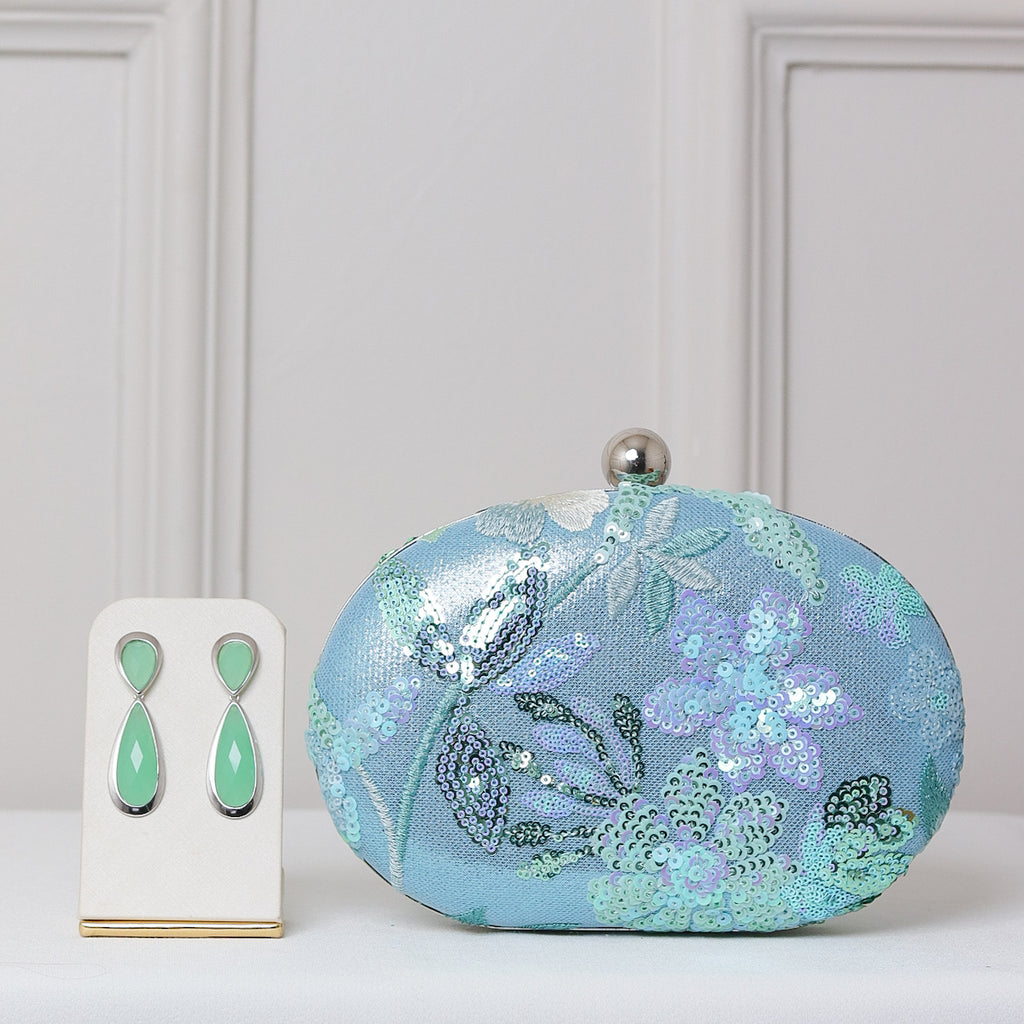 KIT FESTA: CLUTCH  BORDADA TURQUESA + BRINCO FESTA GOTA TURQUESA