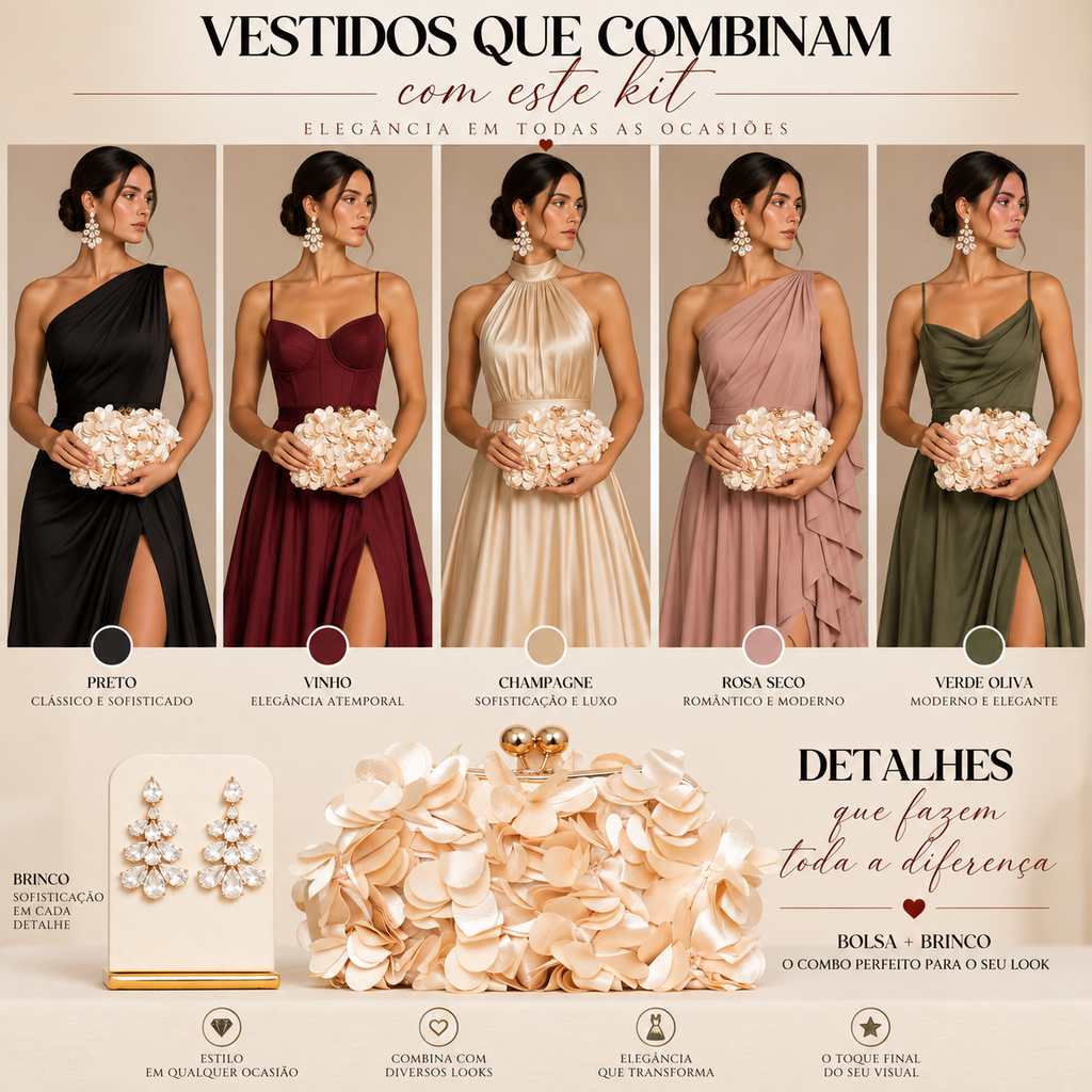 KIT FESTA: CLUTCH PÉTALA NUDE + BRINCO FESTA DOURADO
