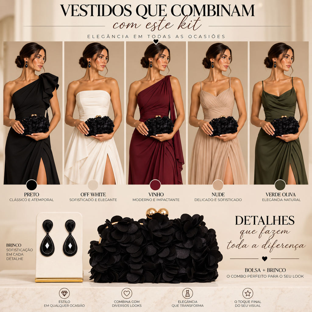 KIT FESTA: CLUTCH PÉTALA PRETA + BRINCO FESTA GOTA