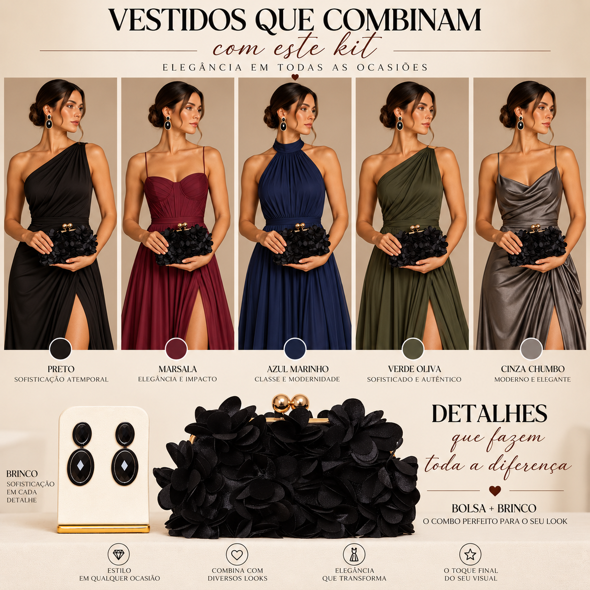 KIT FESTA: CLUTCH PÉTALA PRETA + BRINCO FESTA OVAL PRETO