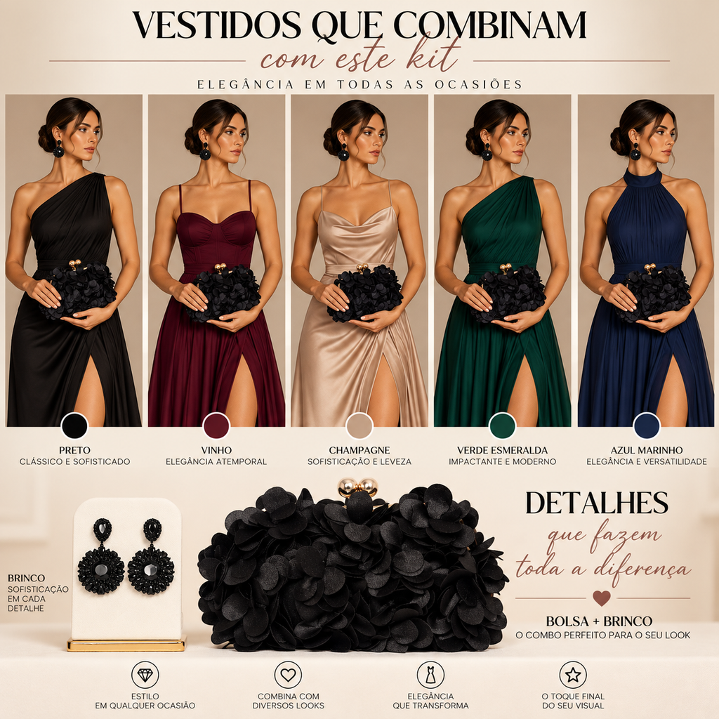 KIT FESTA: CLUTCH PÉTALA PRETA + BRINCO FESTA OVAL PRETO